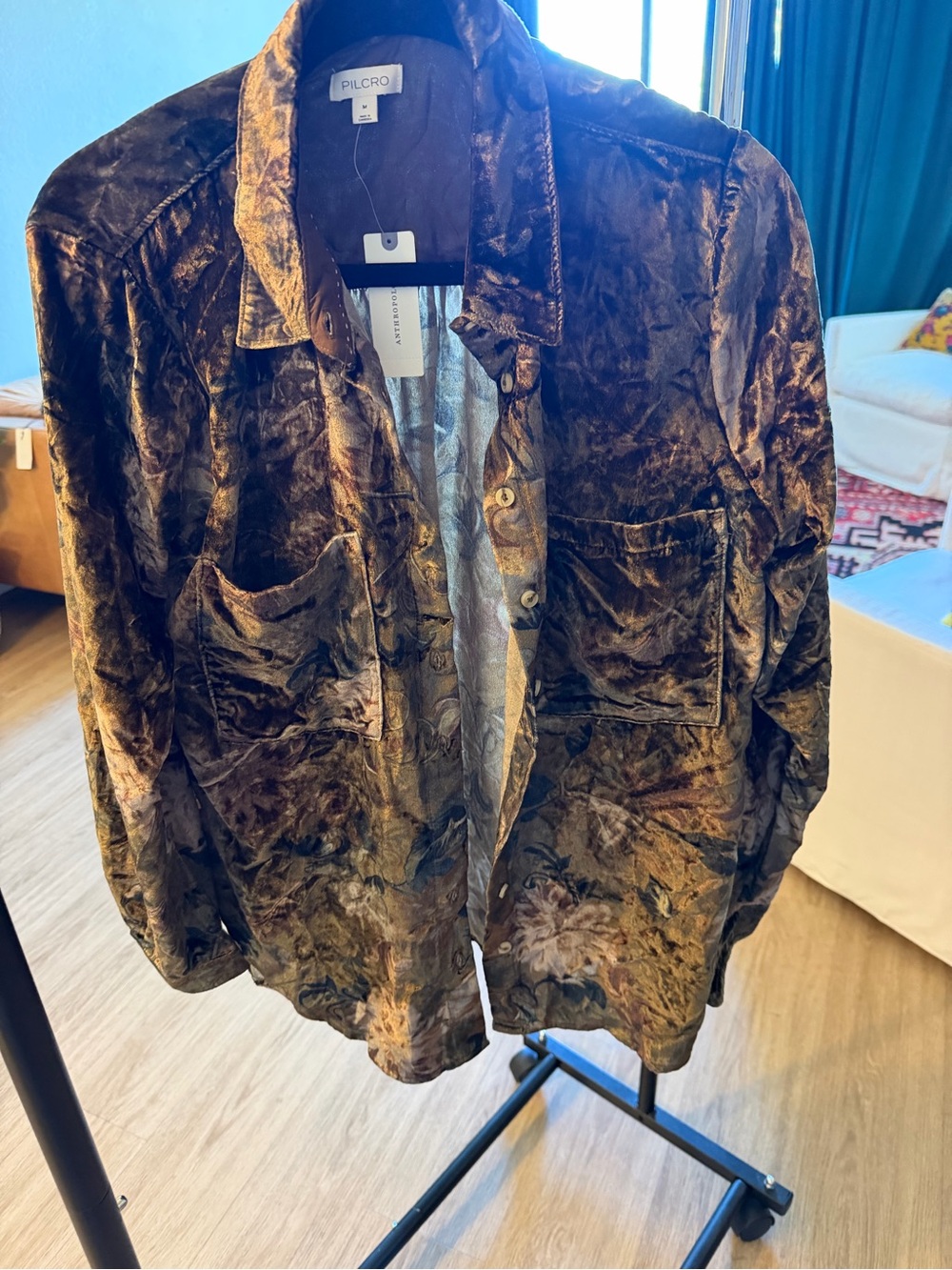 Pilcro Velvet Button-Front Jacket in Brown and Tan